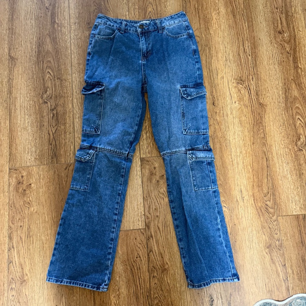 BBJ Los Angeles Baggy Straight Leg Cargo Jeans Blue Medium Wash Women's 1/25